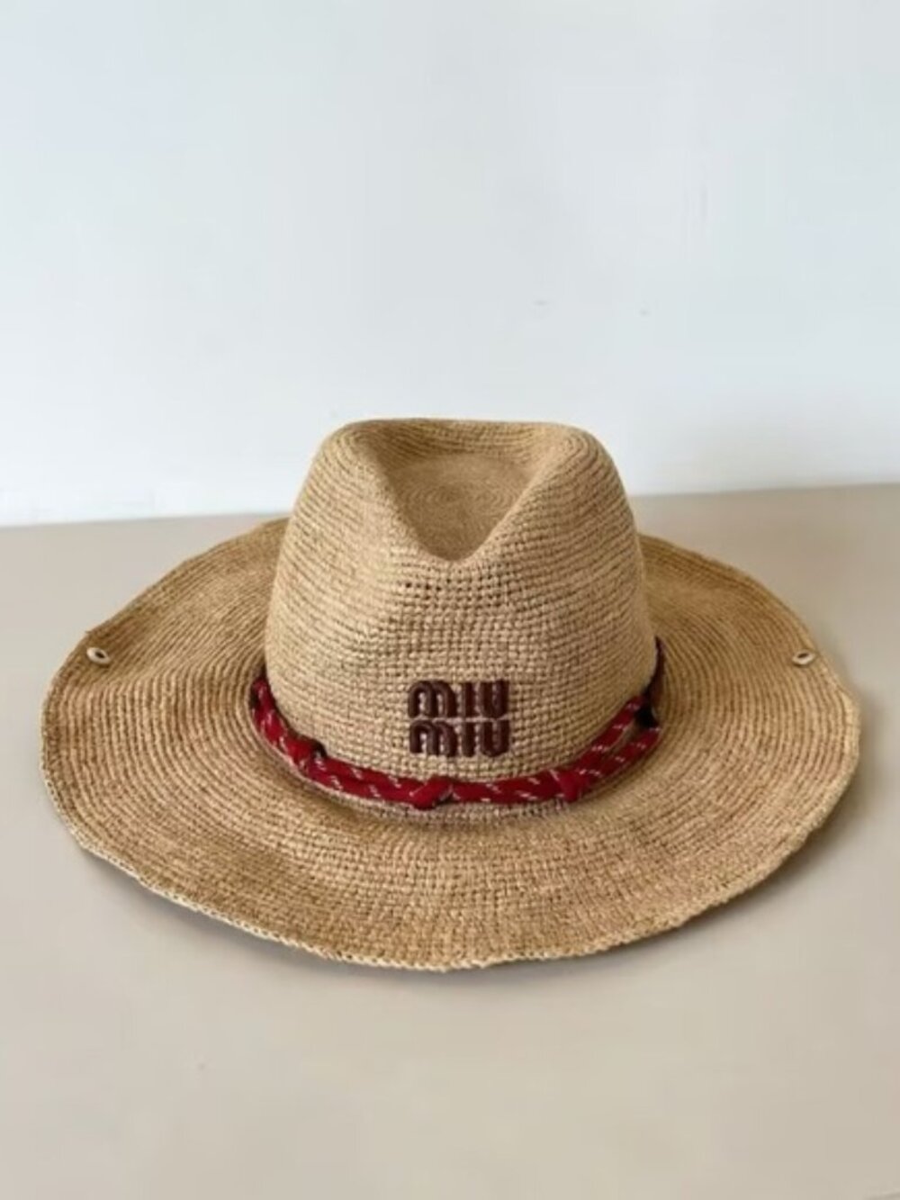 Miu Miu Natural Straw Hat with Red Trim and Embroidered Logo